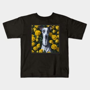 Whippet yellow roses 2 Kids T-Shirt